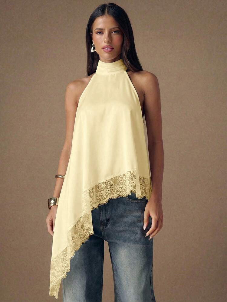 SHEIN BAE Elegant Lace Patchwork Backless Satin Camisole Top, Suitable For Party, Cocktail, Forma... | SHEIN