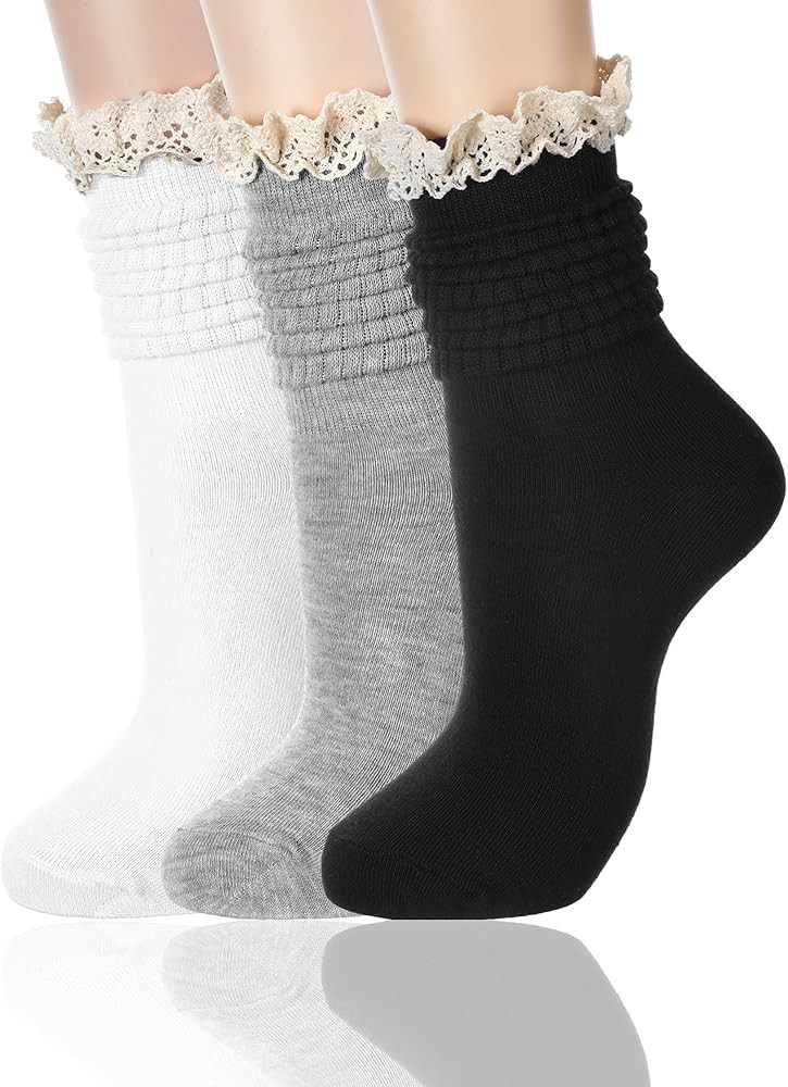 3 Pack Women Slouch Socks Cotton Scrunch Stacked Knee High Boot Socks with Ruffle Lace Trim | Amazon (US)
