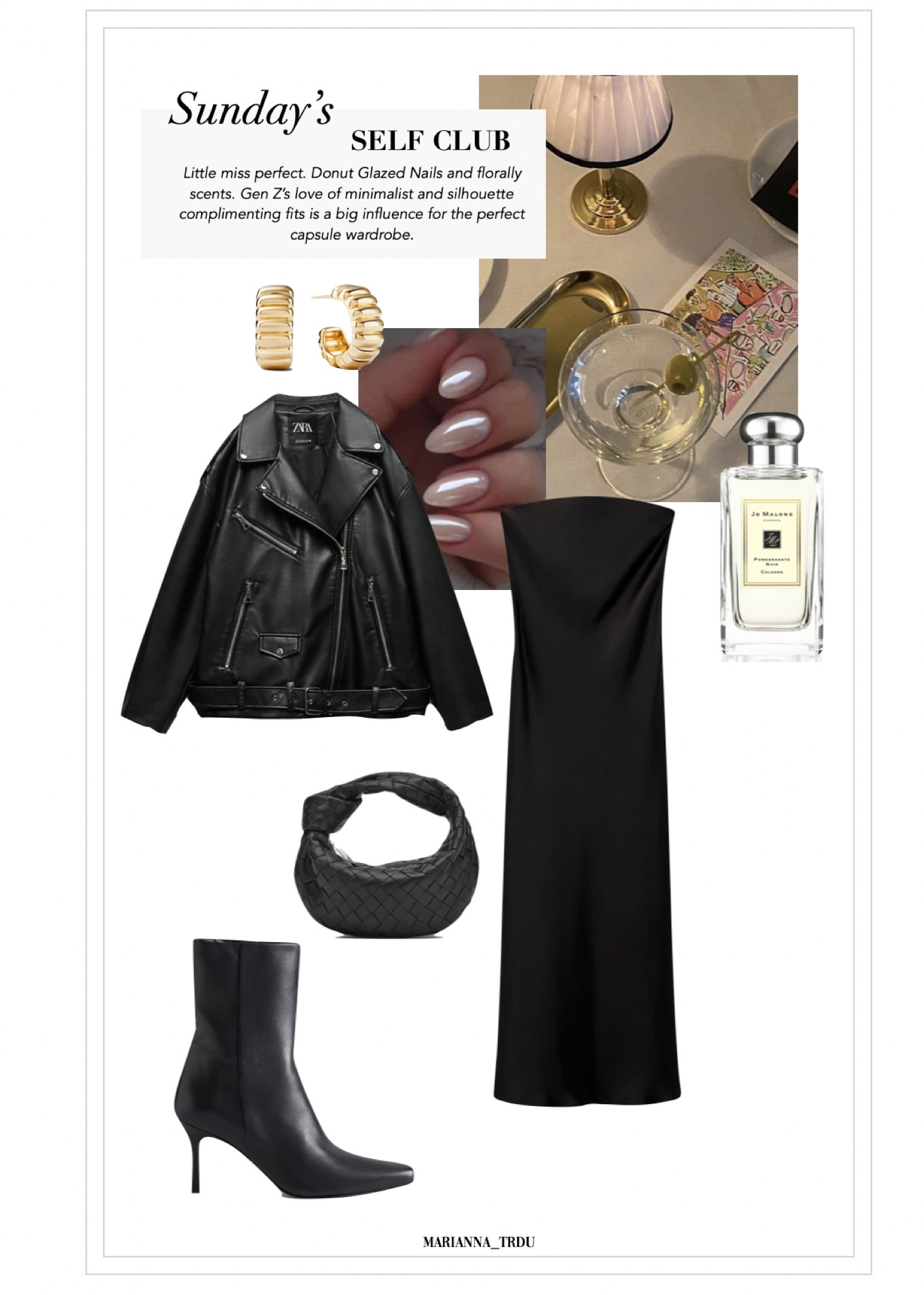 Gen z minimal outfit
Satin slip dress
Gold dome hoops
Jo Malone perfume 
Jodie bag
Leather high heel boots
Leather biker jacket 

#LTKstyletip #LTKSeasonal #LTKeurope