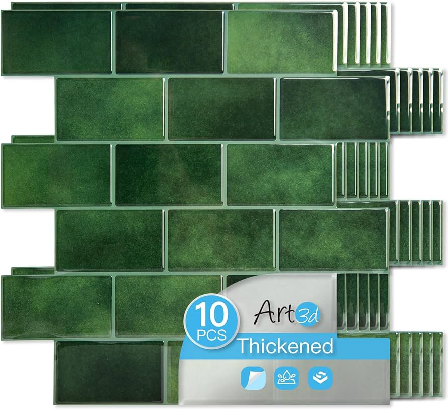 Art3d 10-Pack Subway Tiles Peel and Stick Backsplash, Green, 12 x 12 Inch | Amazon (US)