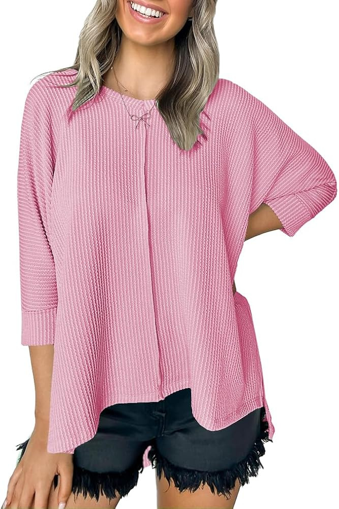 Poetsky Womens Fashion Oversized Tunic Tops Ribbed Batwing 3/4 Sleeve Casual Corded Textured Spli... | Amazon (US)