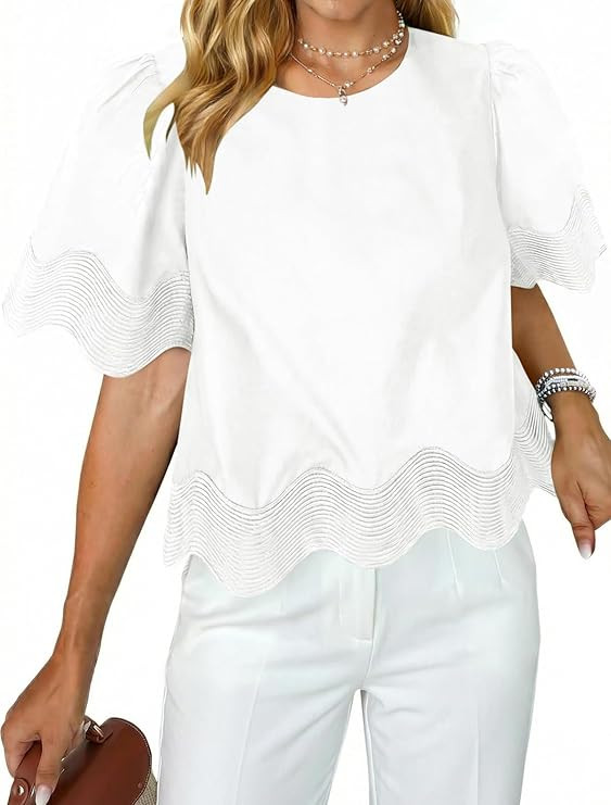 Womens Casual Scalloped Tops Puff Short Sleeve Blouses Flowy Ruffle Shirts Summer Loose Business ... | Amazon (US)