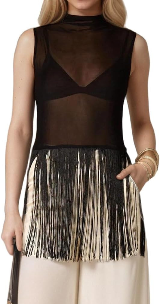 Women Y2k Mock Neck Fringe Trim Sheer Mesh Tank Shirt Slim Fit See Through Sleeveless Turtleneck Going Out Tops | Amazon (US)