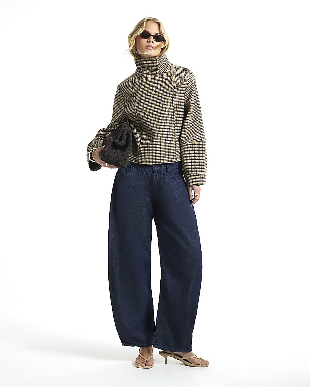 Brown Check Funnel Neck Cocoon Sleeve Jacket | River Island UK & IE