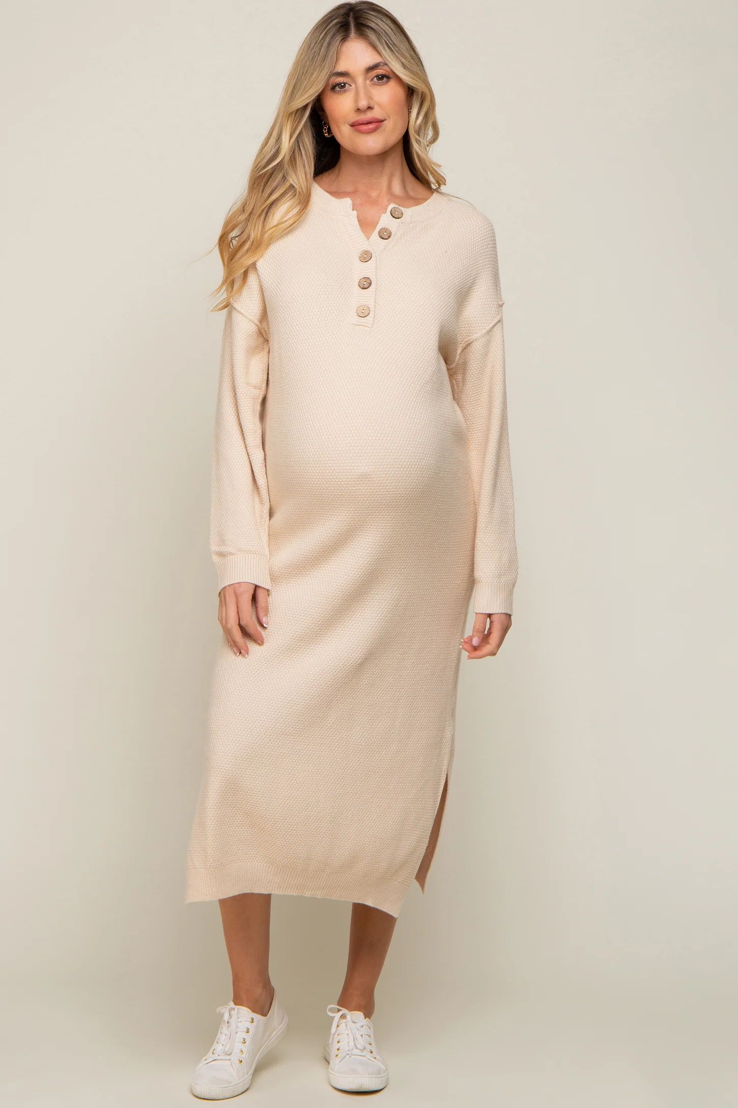 Cream Waffle Knit Button Long Sleeve Maternity Midi Dress | PinkBlush Maternity