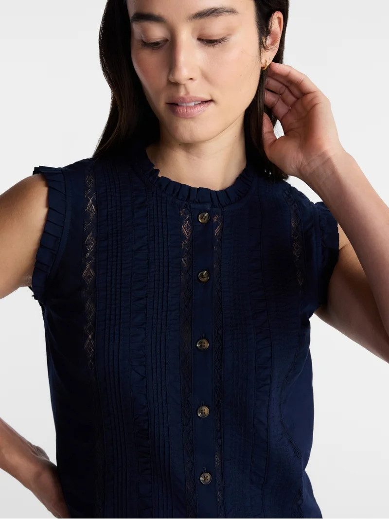 Time and Tru Women's Lace Inset Sleeveless Cotton Top, Sizes XS-XXXL | Walmart (US)