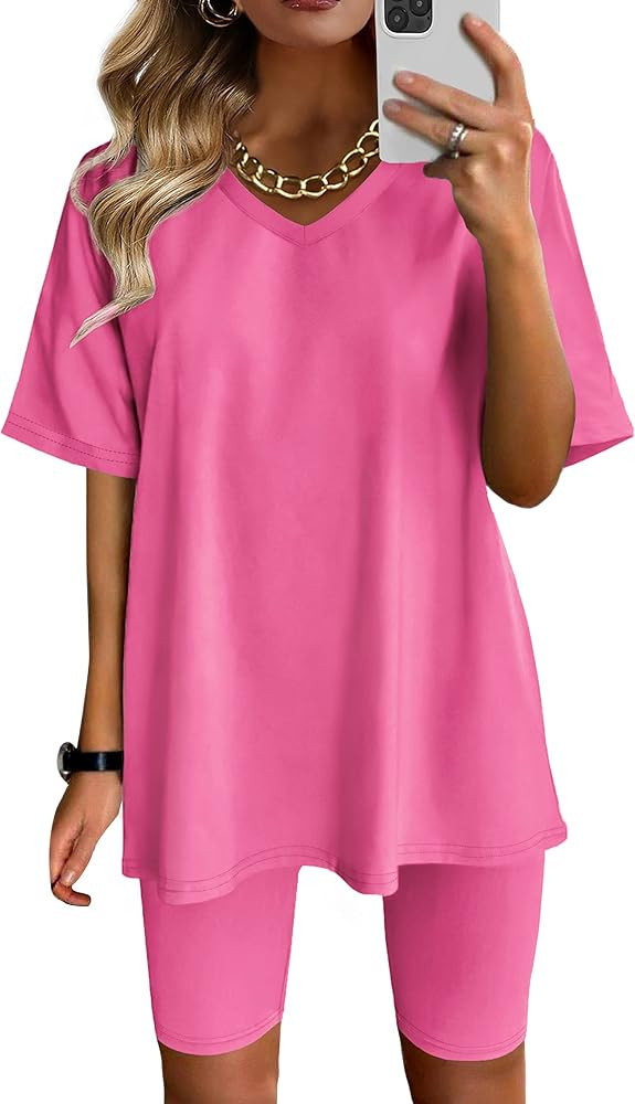 AGSEEM Two Piece Outfits For Women Summer V Neck T-Shirt Tops Biker Shorts Workout Sports Tracksu... | Amazon (US)