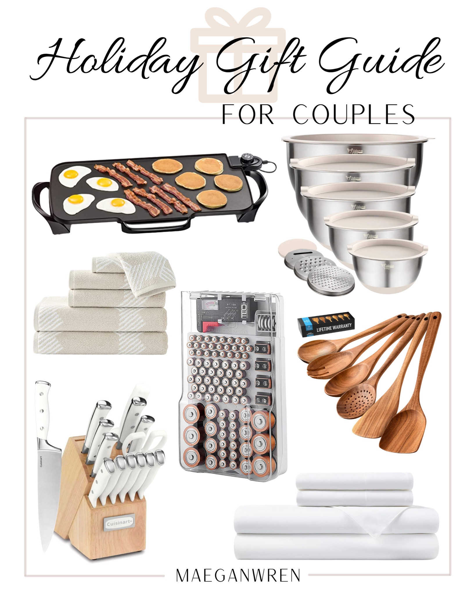 Holiday Gift Guide For Couples, griddle, non stick, mixing bowl set with grater attachments, towel set, battery storage organizer, wooden utensils, knife set, cuisine art, bamboo bed sheets, affordable lifestyle, couple gift ideas, inspo

#LTKunder100 #LTKGiftGuide #LTKHoliday