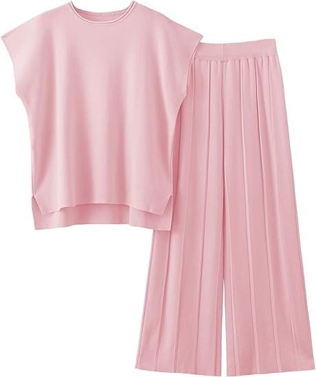 Women Knit 2 Piece Sweater Sets Pullover Tops High Waist Wide Leg Pants Lounge Set | Amazon (US)