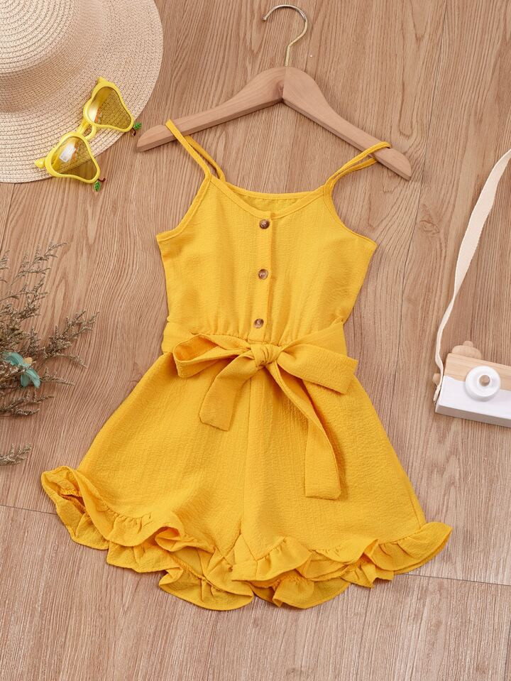 SHEIN Kids SUNSHNE Young Girls Solid Ruffle Hem Belted Cami Romper | SHEIN