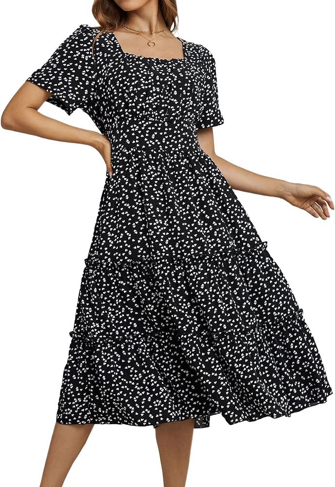 Womens Lantern Puff Sleeve Summer Dresses Square Collar Long Maxi Dress Vintage Swing Beach Sundr... | Amazon (US)
