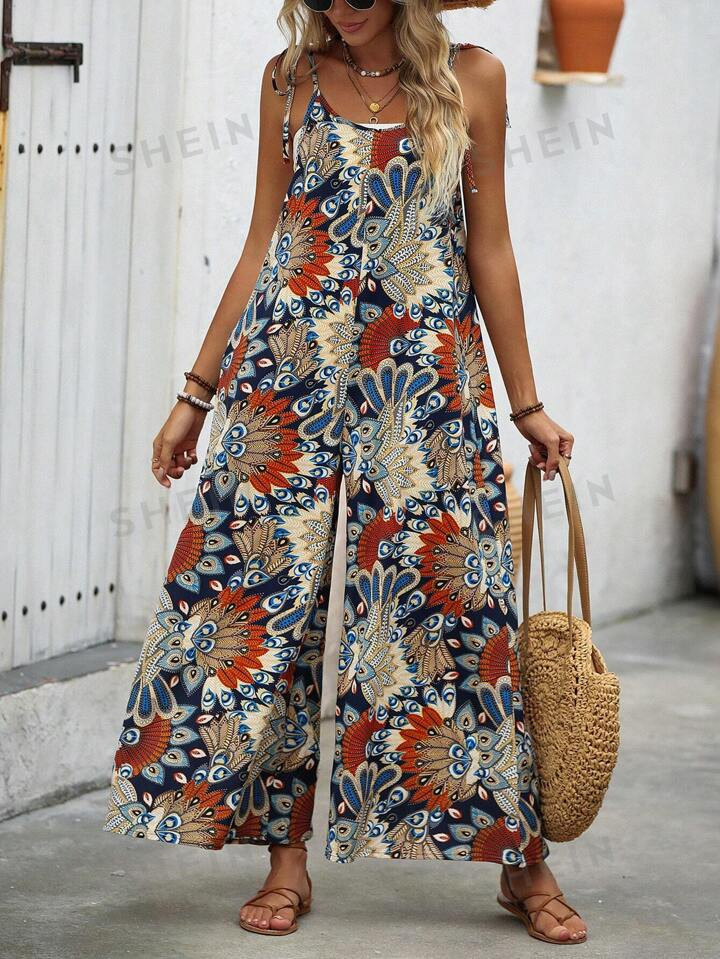 SHEIN LUNE Knot Straps All-Over Print Summer Jumpsuit With Sleeveless Camisole Top | SHEIN