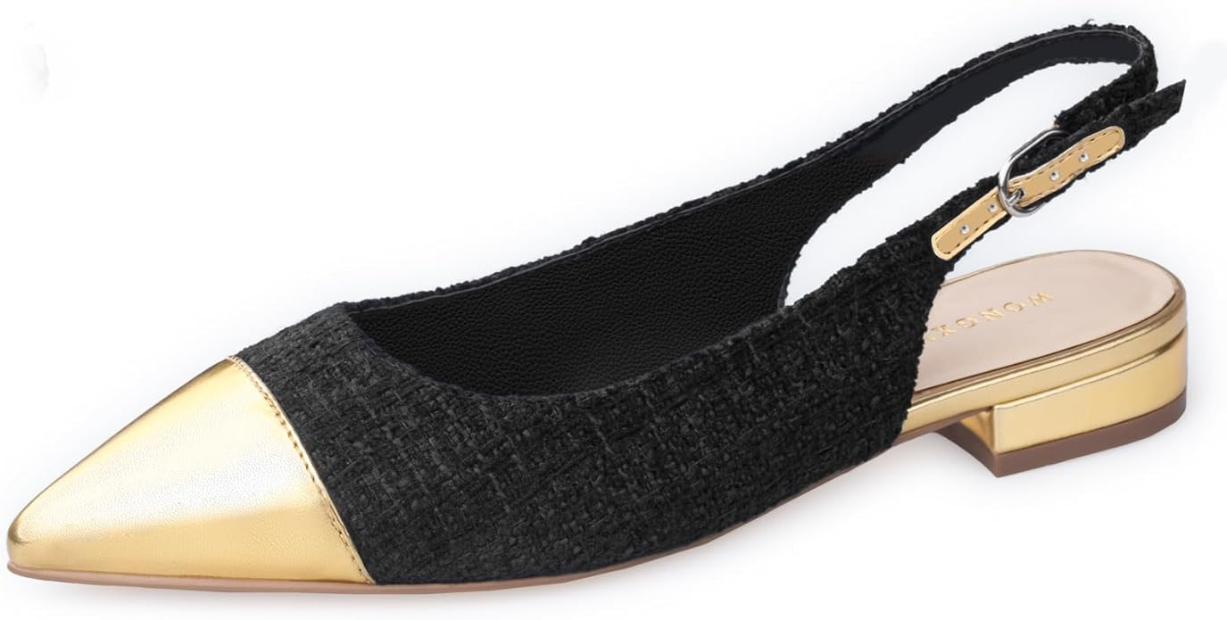 WONDERWAY Women Slingback Flats Tweed Pointed Toe Slingback Flats Cap Toe Dress Shoes for Women | Amazon (US)