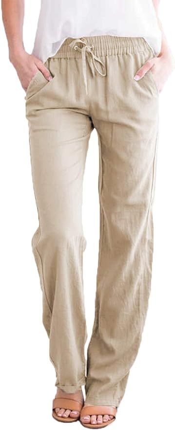 Acelitt Womens Casual Pants Straight Leg Drawstring Elastic High Waist Loose Comfy Trousers with ... | Amazon (US)