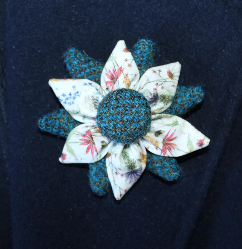 Teal Herringbone Harris Tweed & Floral Corsage Brooch Pin Handmade in the Outer Hebrides - Etsy | Etsy (US)