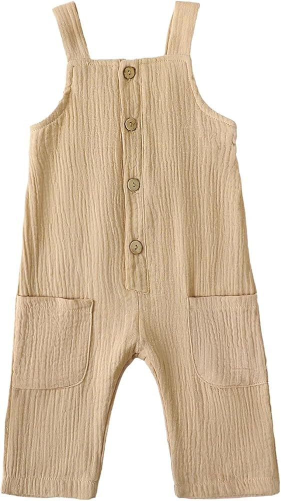 Neutral Baby Boy Girl Overalls Cotton Gauze Sleeveless Romper Button Down Jumpsuits with Pockets ... | Amazon (US)
