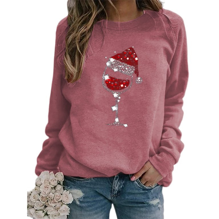 Women's Sweatshirts Red Wine Glass Christmas Sweatshirt Long Sleeve Casual Pullover Tunic Tops - ... | Walmart (US)