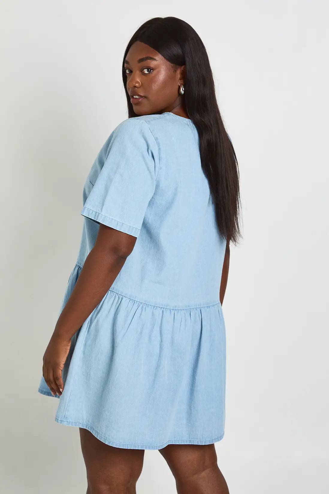Light Wash Plus Chambray Short Sleeve Skater Dress | Boohoo USA | boohoo (US & Canada)