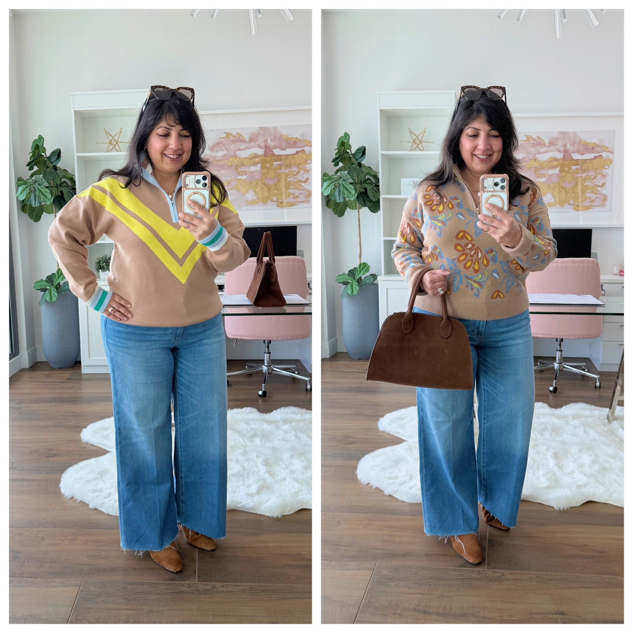 Love both of these sweaters! Beautiful color combos you can wear throughout the fall and winter seasons. These sweaters make great gifts under $100 too. I wear size large in both styles.

Avara sweater size large. Paige Anessa jeans size 32 petite. J. Crew brown suede boots. Amazon brown suede bag. Miu Miu sunglasses.

Winter outfits women, cozy travel outfits, the best wide leg jeans for midsize petites, over 40 style, over 50 style 

#LTKMidsize #LTKOver40 #LTKPetite