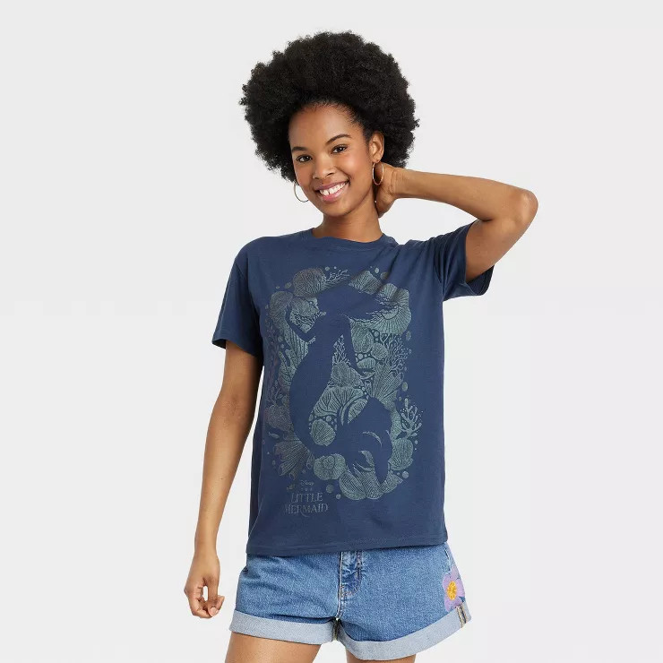 Women's Disney Princess Little Mermaid Silhouette Short Sleeve Graphic T-Shirt - Blue | Target