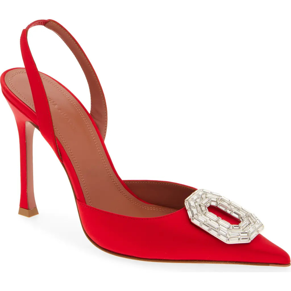 Amina Muaddi Camelia Crystal Buckle Slingback Pump in Satin Red/White Buckle at Nordstrom, Size 10.5Us | Nordstrom