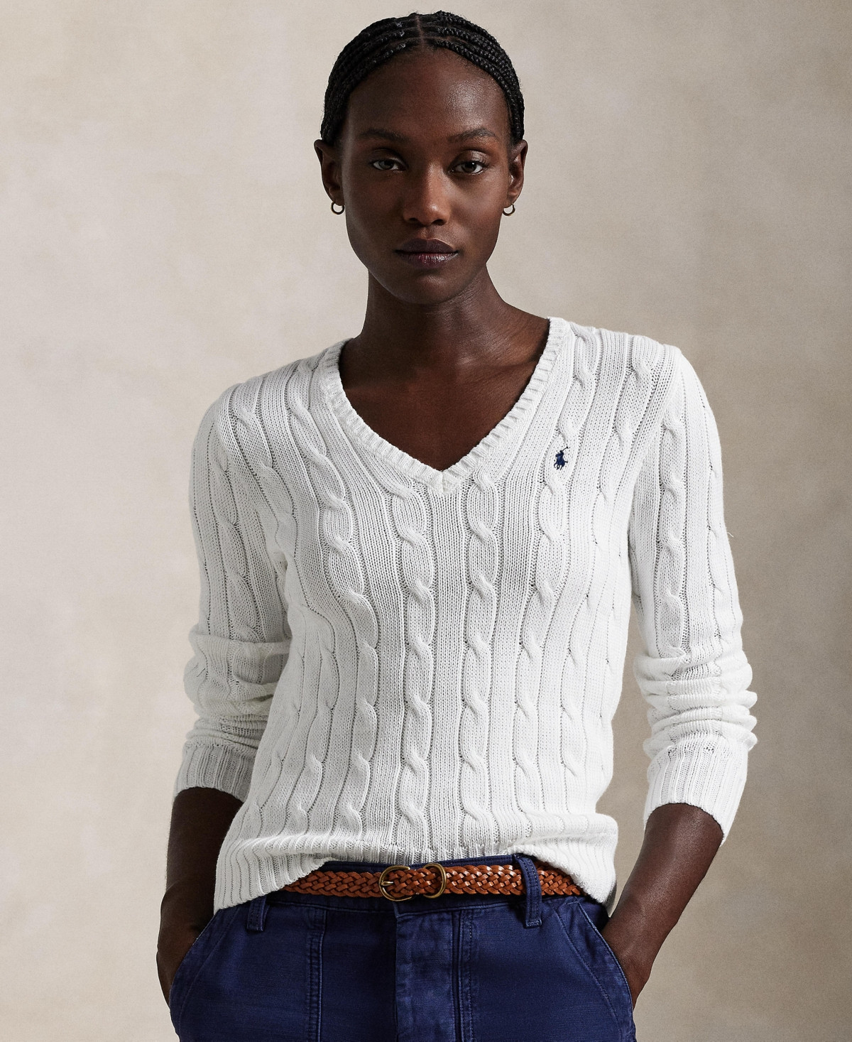 Polo Ralph Lauren Women's Cable-Knit Cotton V-Neck Sweater - White | Macy's