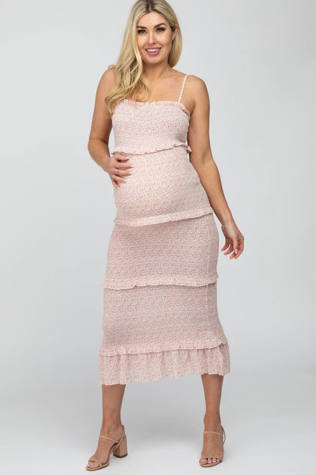 Pink Floral Print Smocked Maternity Maxi Dress | PinkBlush Maternity