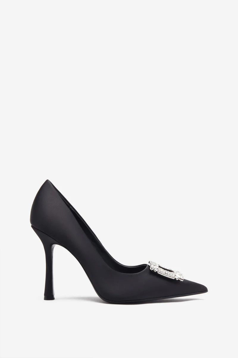 Lawless | Black Satin Pointed Court Heels With Diamante Brooches | Club L London