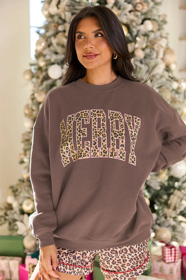 Merry Block Leopard Mocha Graphic Sweatshirt | Pink Lily
