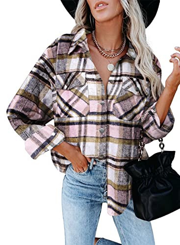 Astylish Womens Shacket Jacket Fashion Blouses Pocket Long Sleeve Button Up Flannel Shirts Pink X-Large | Amazon (US)