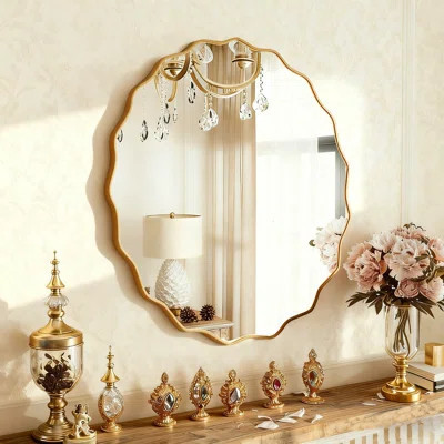 28" Round Wavy Wall Mirror, Modern Decorative Bathroom Vanity Mirror with Gold Metal Frame, HD Accent Mirror for Entryway, Bedroom | Wayfair North America