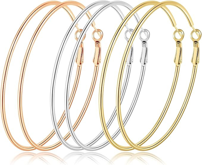 3 Pairs Dainty Big Hoop Earrings for Women, Stainless Steel 14K Gold Plated Rose Gold Plated Silv... | Amazon (US)