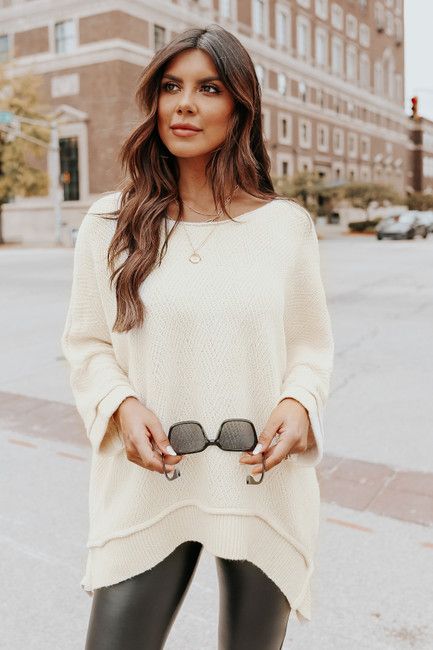 3/4 Sleeve Textured Natural Asymmetrical Sweater | Magnolia Boutique