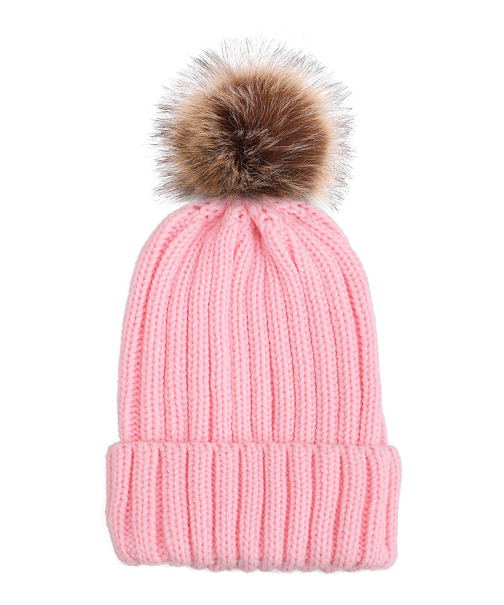 ARCTIC PAW Girls' Beanies Pink - Pink & Coffee Fuzzy Pom-Pom Cable-Knit Beanie | Zulily
