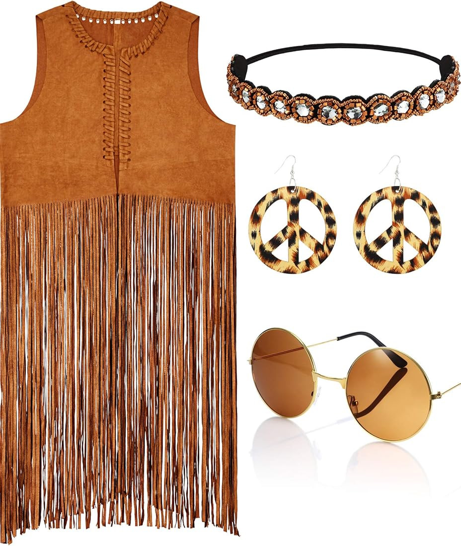 Women Hippie Costume Fringe Vest Faux Suede Tassel Vest for Halloween Cosplay | Amazon (US)