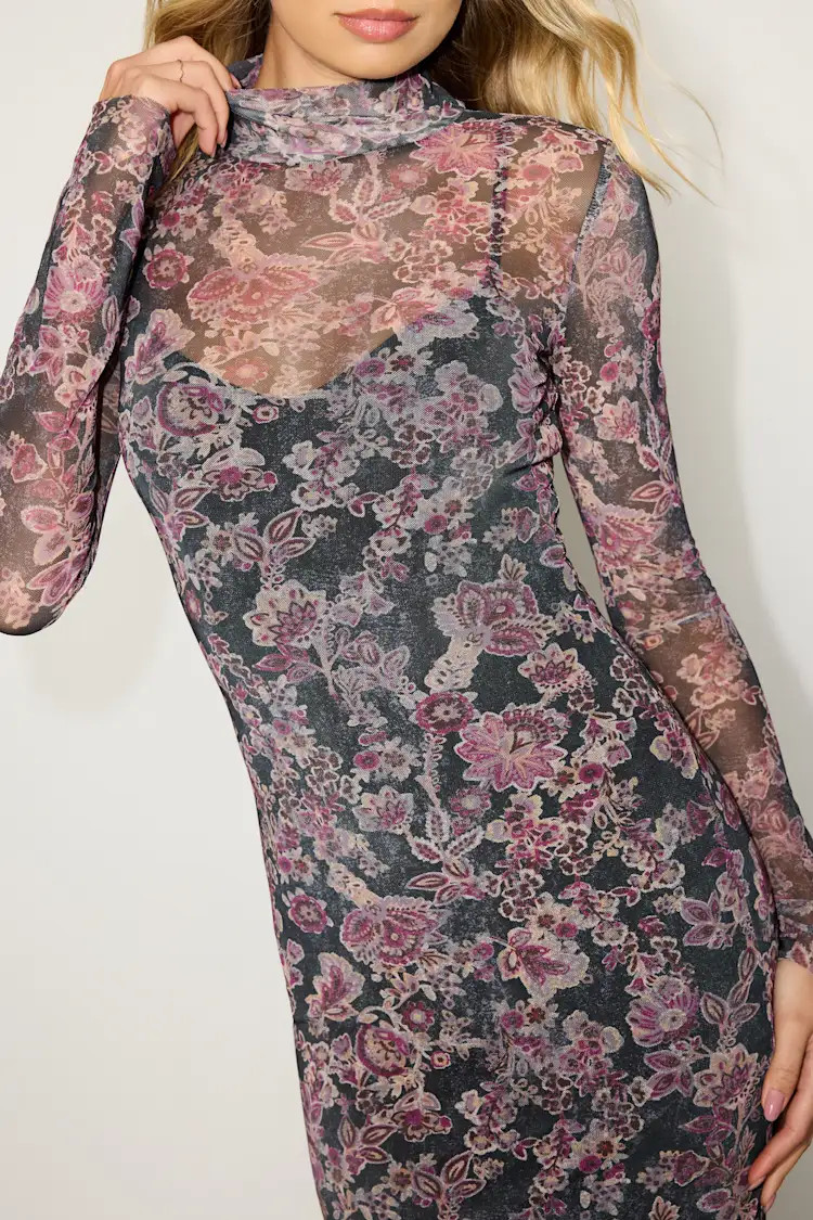 Milla Black and Purple Boho Floral Mesh Mock Neck Maxi Dress | Lulus