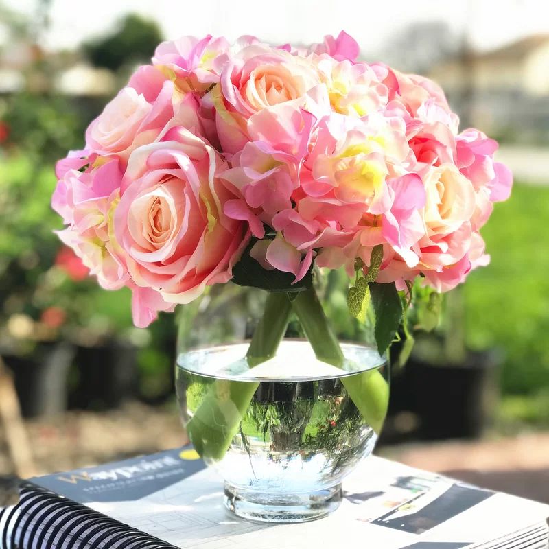 Artificial Rose and Hydrangea Floral Arrangement in Vase | Wayfair North America