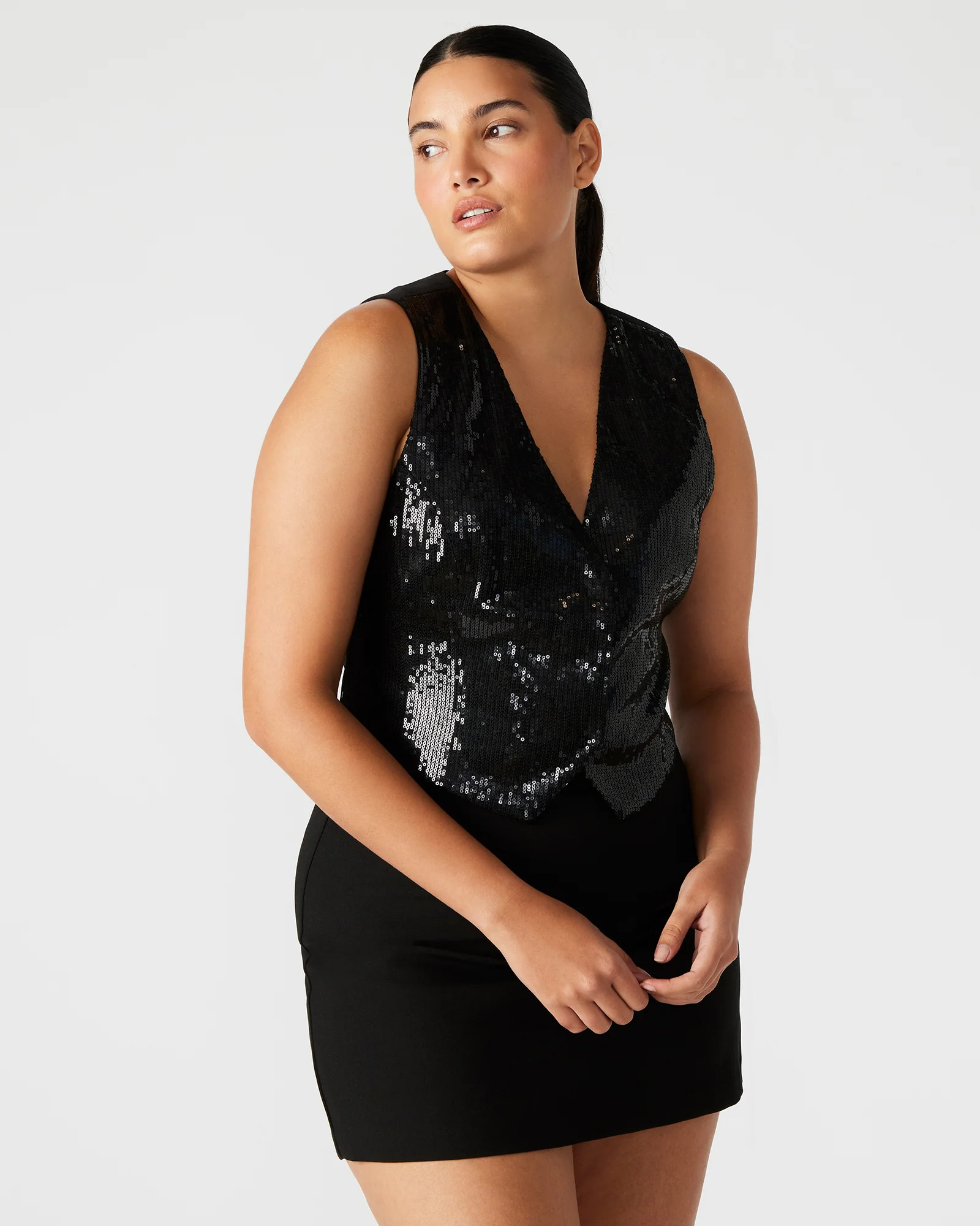 BUA Vest Black | Women's Sequin Button-Up Vest | Steve Madden (US)