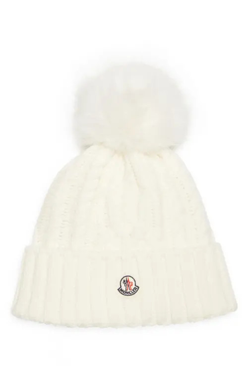 Moncler Virgin Wool & Cashmere Rib Beanie with Faux Fur Pompom in White at Nordstrom | Nordstrom