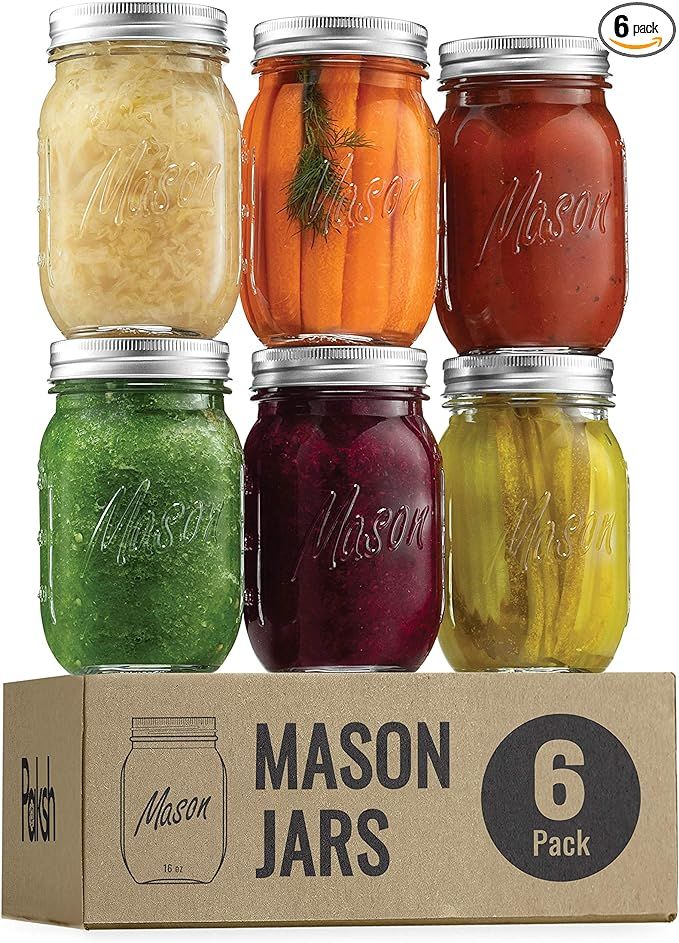 Paksh Novelty Mason Jars 16 oz - 6-Pack Regular Mouth Glass Jars with Lid & Seal Bands - Airtight... | Amazon (US)