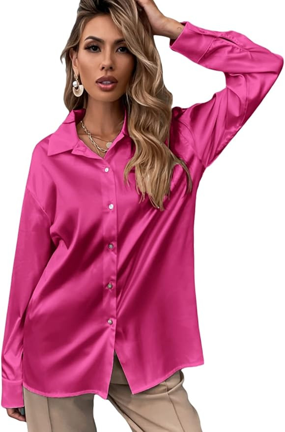 SheIn Women's Satin Long Sleeve Drop Shoulder Button Front Blouse Shirt Tops | Amazon (US)