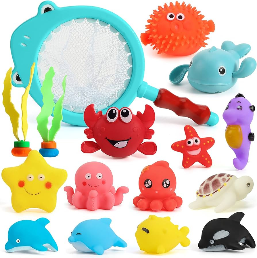 Shindel 16PCS Bath Toys, Baby Kids Floating Animal Toys Pool Toy Set Fishing Net Clockwork Swimmi... | Amazon (US)