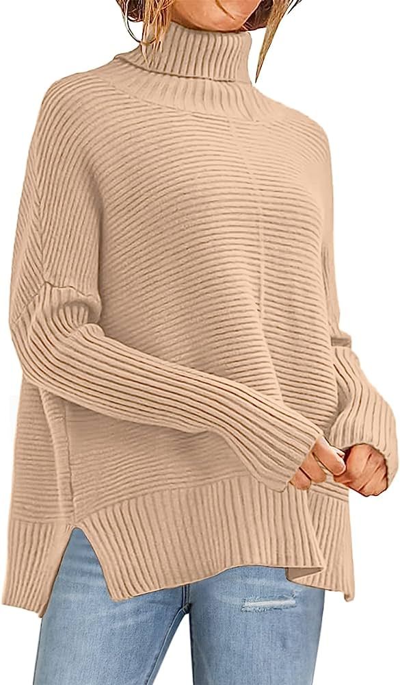 Caracilia Women's Turtleneck Oversized 2022 Fall Long Batwing Sleeve Pullover Knit Tunic Sweater ... | Amazon (US)