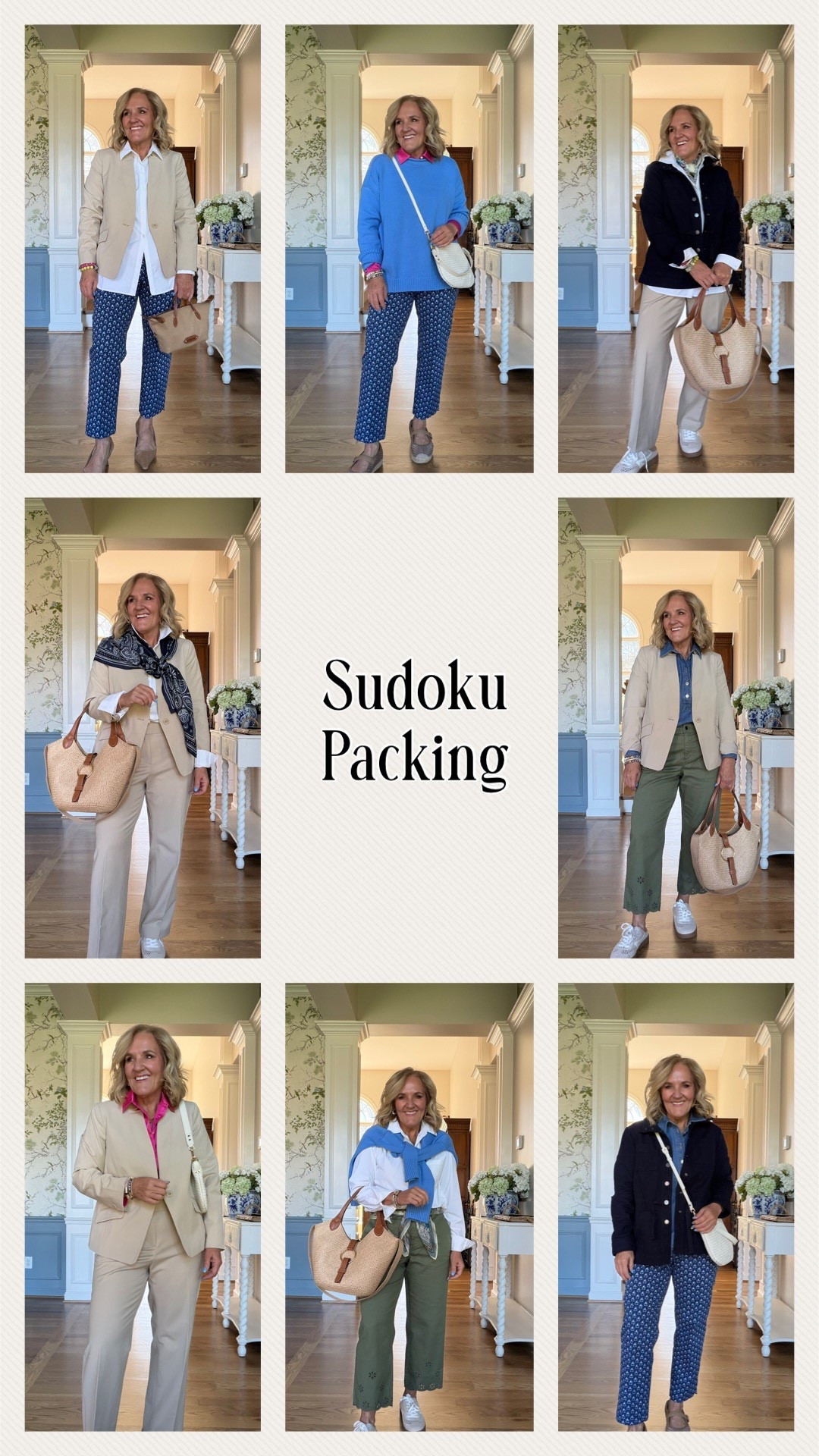 Saw this sudoku packing method and knew I needed to give it a go. I put this travel council together for a work conference, spring, European travel, a week of events with family, or you can just get some really great spring outfit idea ideas. Mostly from Talbots with a really great spring sale going on right now.
Sizes are noted below
Poplin blazer 10 petite
Poplin khaki pants 8 (I wish I had bought the 8 petite, I’ll hem them) 
White blouse size small
Twill jacket medium petite 
Blue patterned pants 8 petite 
Blue sweater large 
Denim popover medium petite 
Satin blouse med petite 
Green pants 8 petite 

Travel capsule work conference spring travel European travel 


#LTKTravel #LTKSaleAlert #LTKOver40