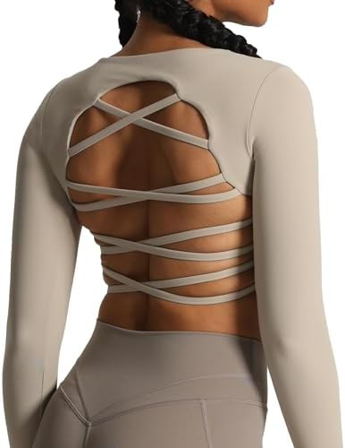 Aoxjox Long Sleeve Crop Tops for Women Front Cutout Lacey Workout Crisscross Crop T Shirt Top | Amazon (US)