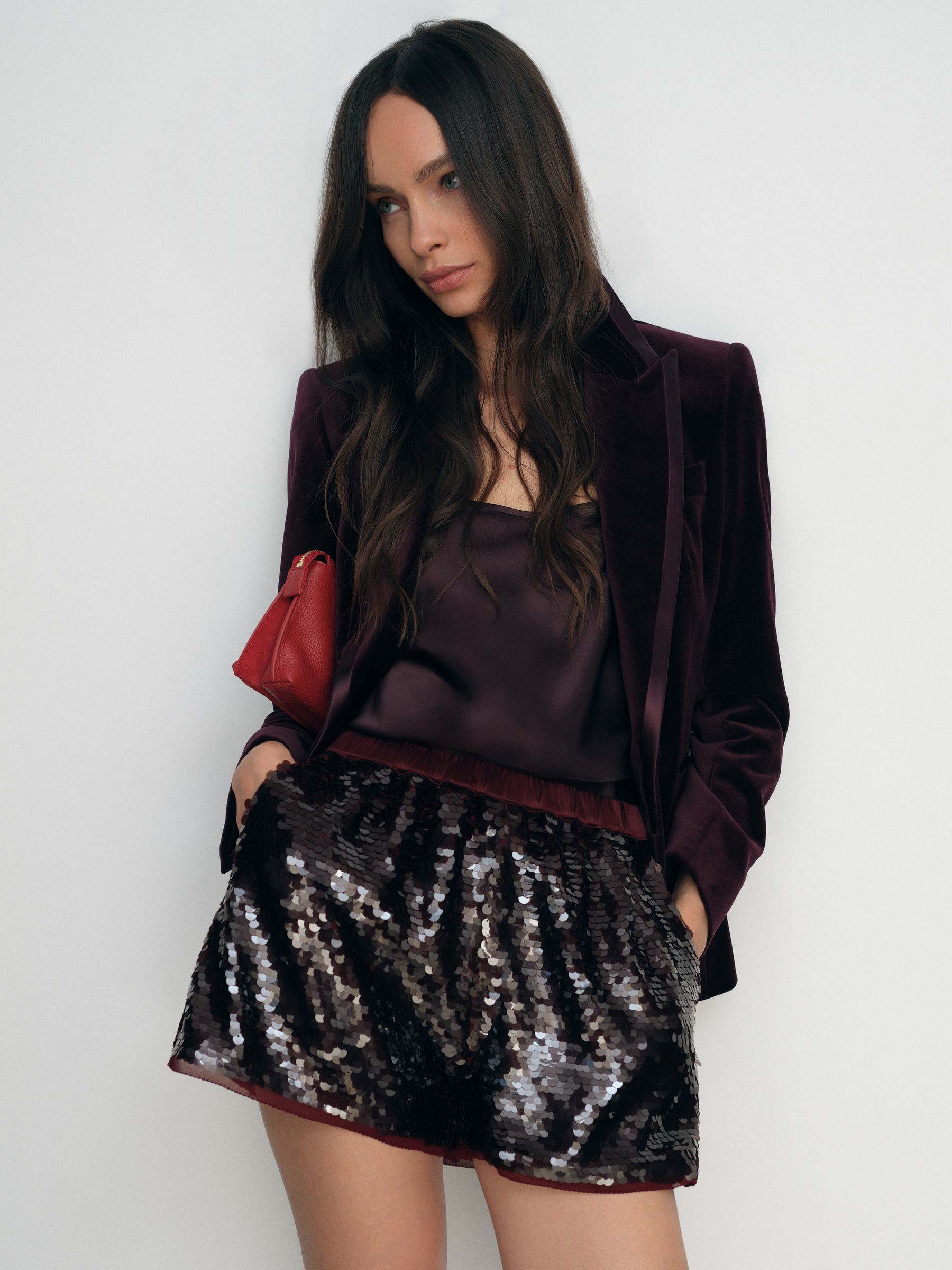 Sequin Shorts in Burgundy | Reiss UK