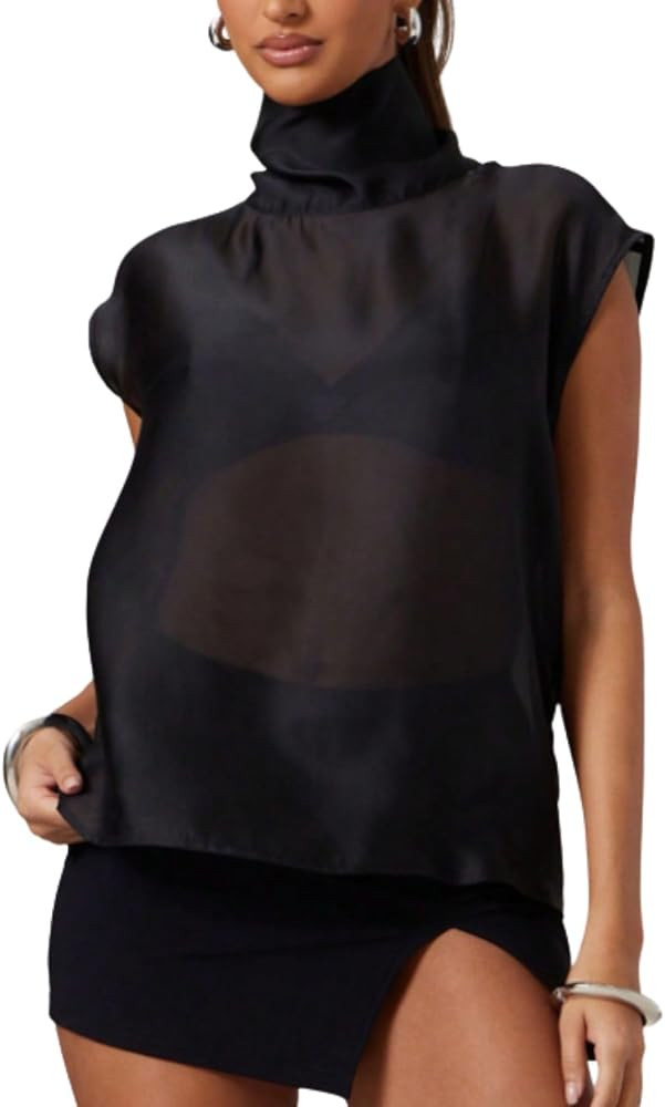 Milumia Women's Sexy Sheer Cap Sleeve Tops Elegant High Mock Neck Blouse | Amazon (US)