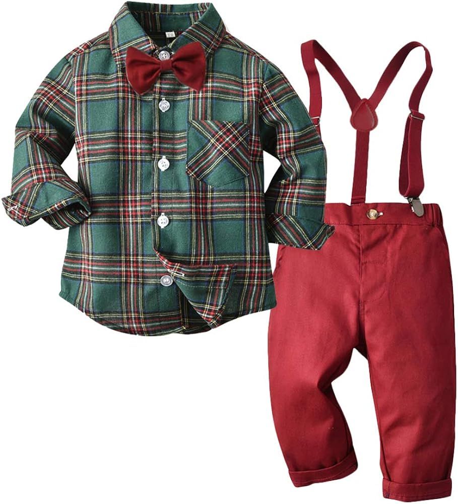 Moyikiss Studio Toddler Dress Suit Baby Boys Gentleman Clothes Sets Bow Ties Shirts + Suspenders Pan | Amazon (US)