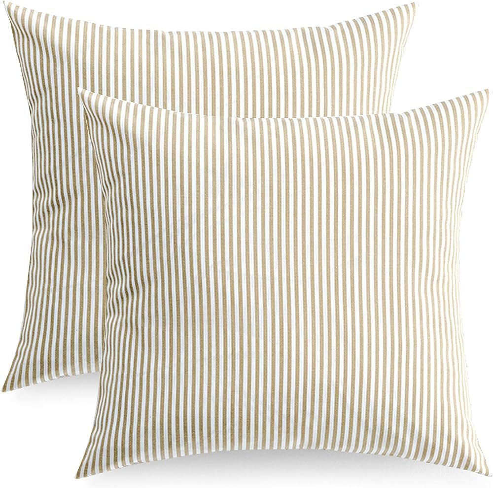 Meekio Set of 2 Decorative Square Throw Pillow Covers 18 x 18 Farmhouse Brown and White Ticking S... | Amazon (US)