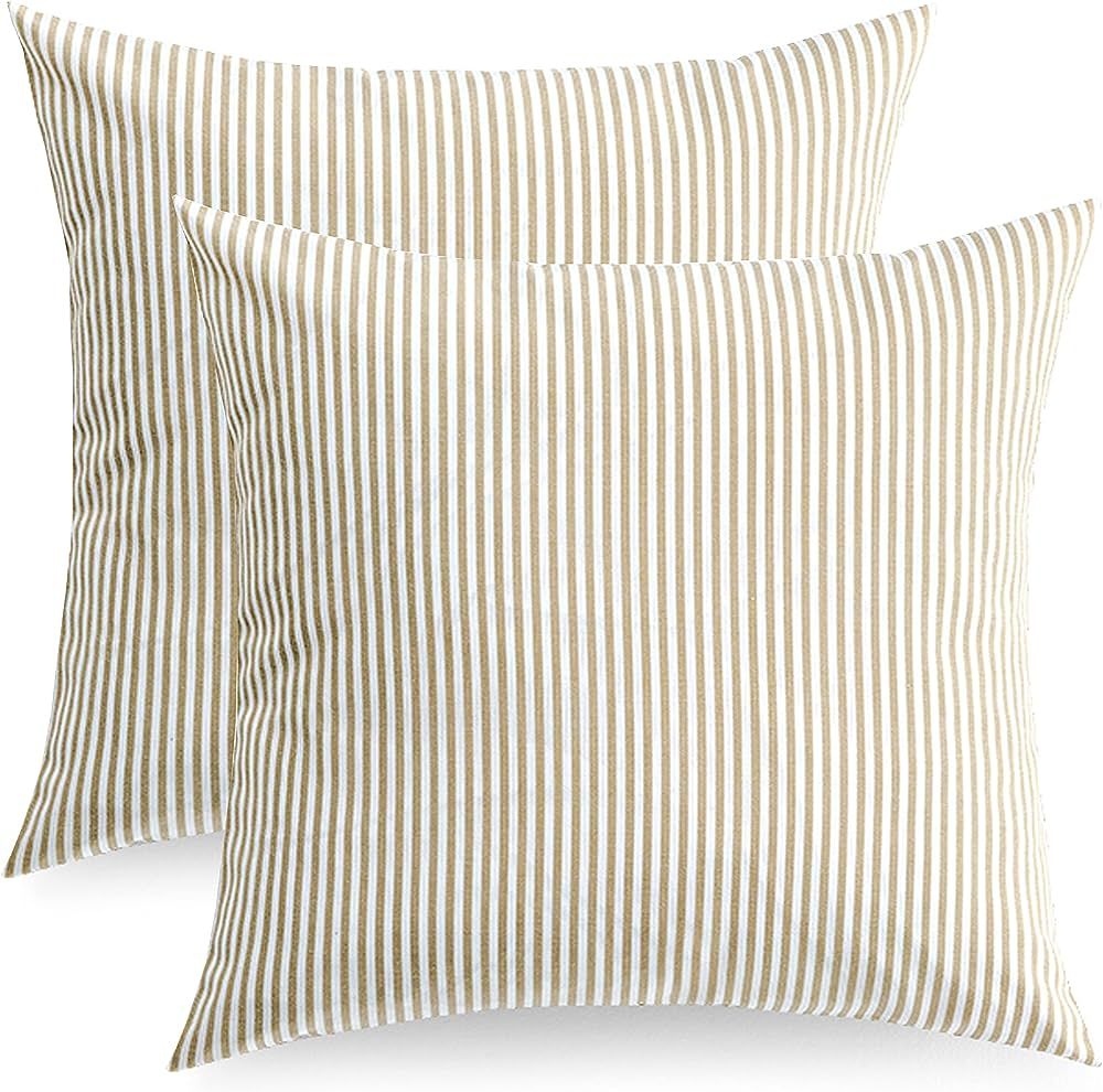Meekio Set of 2 Decorative Square Throw Pillow Covers 18 x 18 Farmhouse Brown and White Ticking S... | Amazon (US)